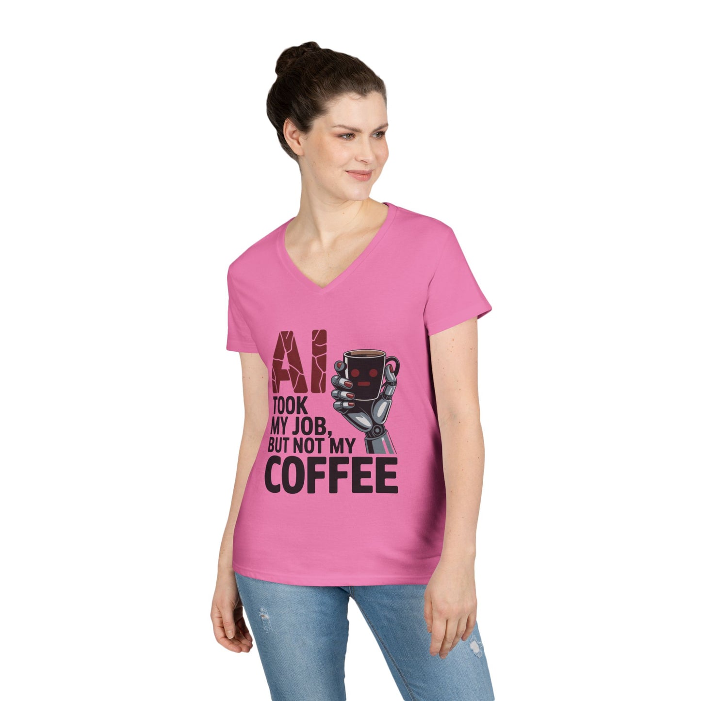 Ladies' V-Neck T-Shirt, Women's AI Coffee T-Shirt, Funny Robot Job Humor Tee, Geek Sarcastic Gift for Her, Sarcastic Work Shirt