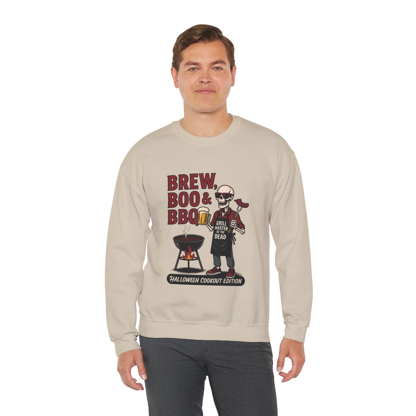 Halloween BBQ Men's Sweatshirt, Brew Boo & BBQ Skeleton Grill Master, Spooky Dad Gift, Skeleton Dad Sweat, Grill Master Crew