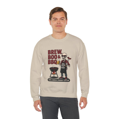 Halloween BBQ Men's Sweatshirt, Brew Boo & BBQ Skeleton Grill Master, Spooky Dad Gift, Skeleton Dad Sweat, Grill Master Crew