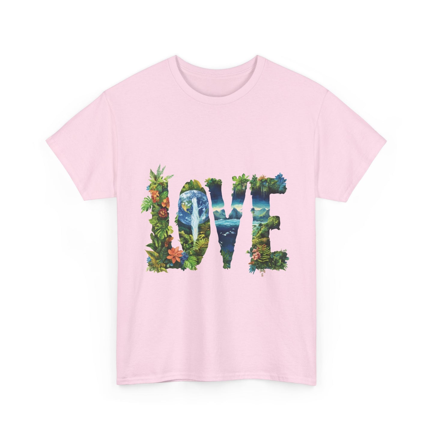 LOVE Nature Art Womens Heavy Cotton Tee, Earth Day Jungle Forest Graphic T-Shirt, Eco Friendly Gift Shirt, Nature-Inspired Love Tee