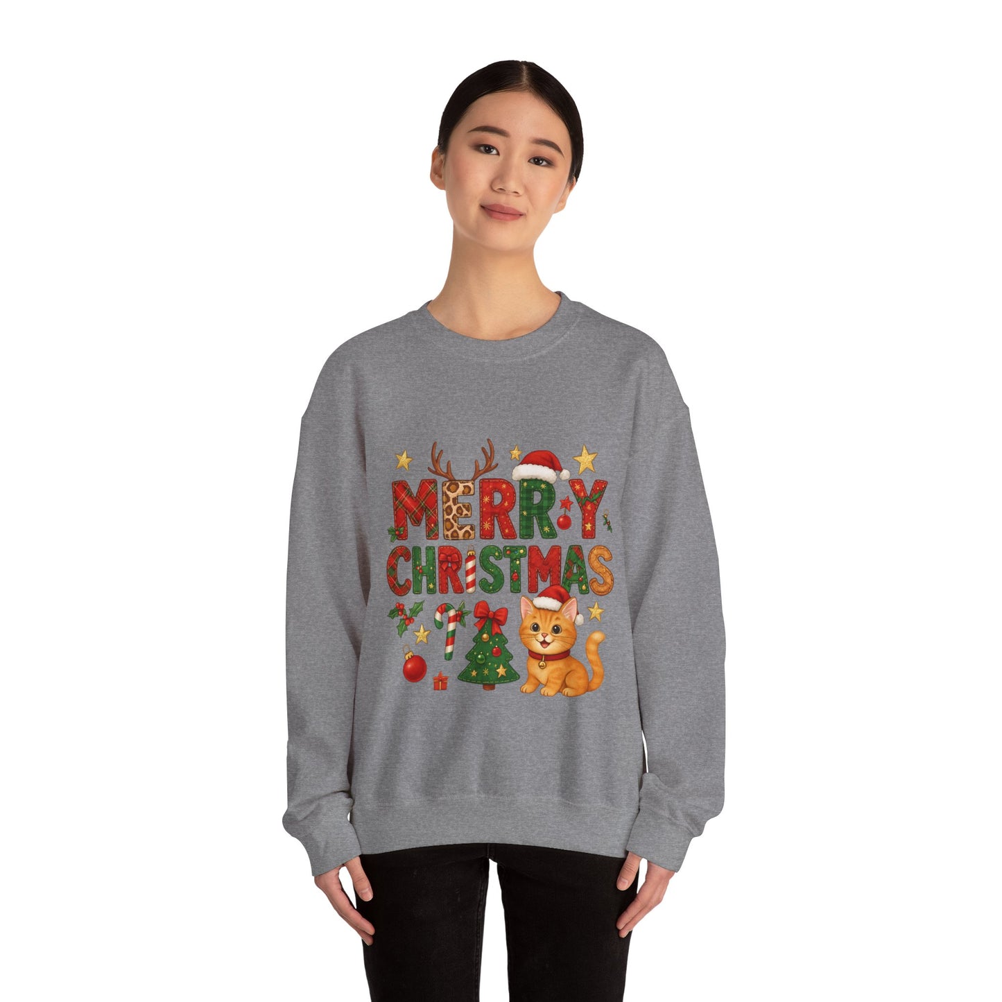 Women's Merry Christmas Cat Sweatshirt, Cozy Holiday Cat Lover Pullover, Women's Heavy Blend™ Crewneck Sweatshirt