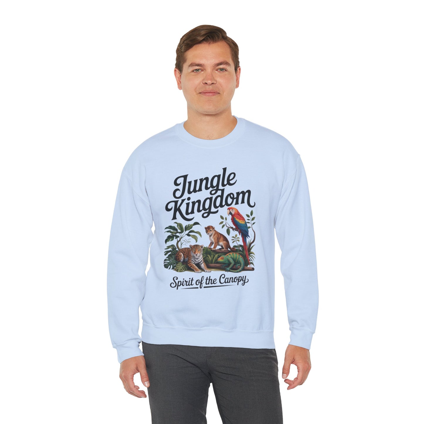 Jungle Kingdom Mens Sweatshirt, Cozy Jungle Crewneck, Nature Lover Gift, Wildlife Artwork, Eco-Conscious Apparel, Animal Enthusiast Clothing