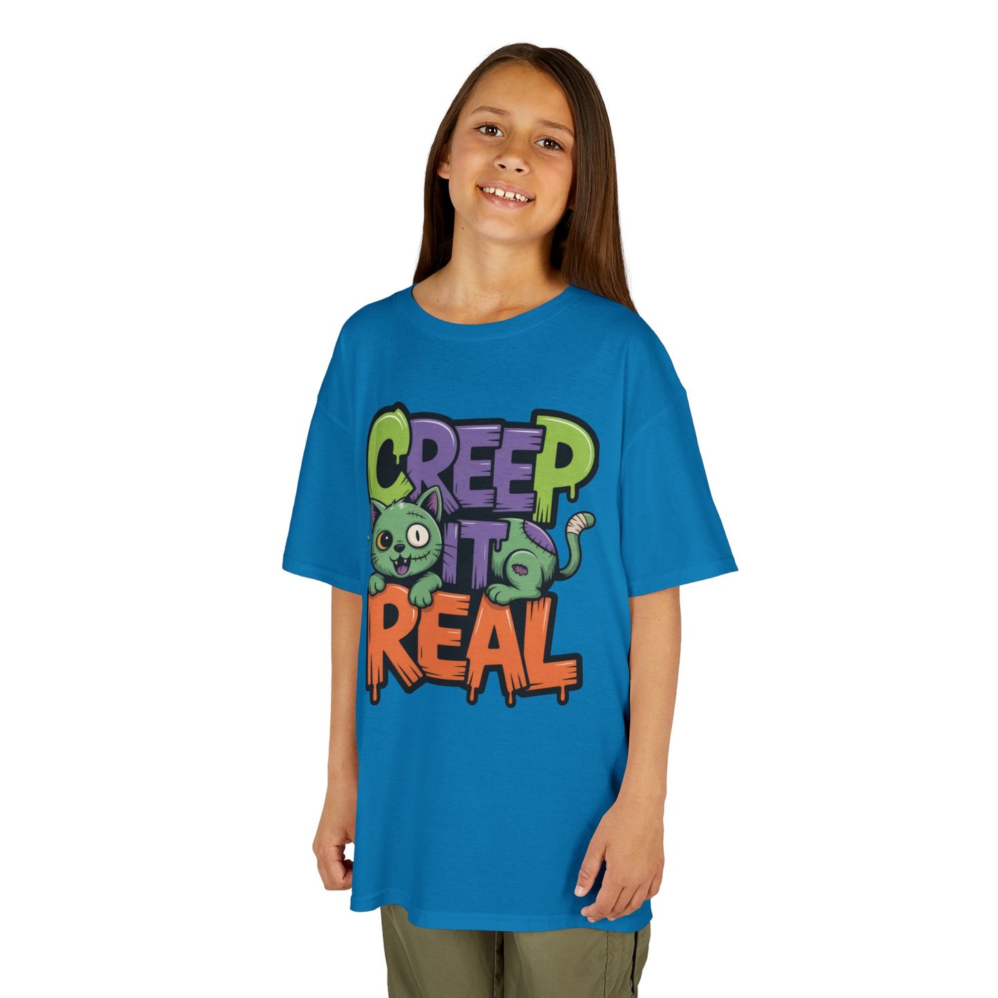 Creep It Real Kids Halloween Shirt, Cute Zombie Cat Graffiti Style T-Shirt for Boys & Girls