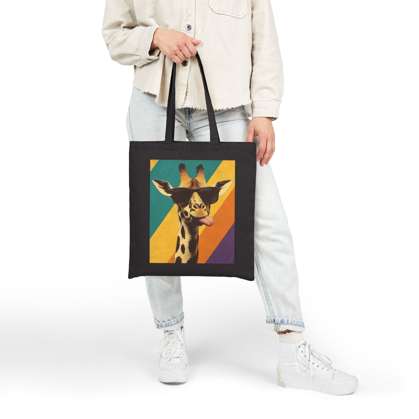 Funny Giraffe Tote Bag, Retro Pop Art Canvas Bag with Sunglasses & Attitude, Colorful Animal Print Tote, Quirky Gift for Cool People, Animal Lover Tote