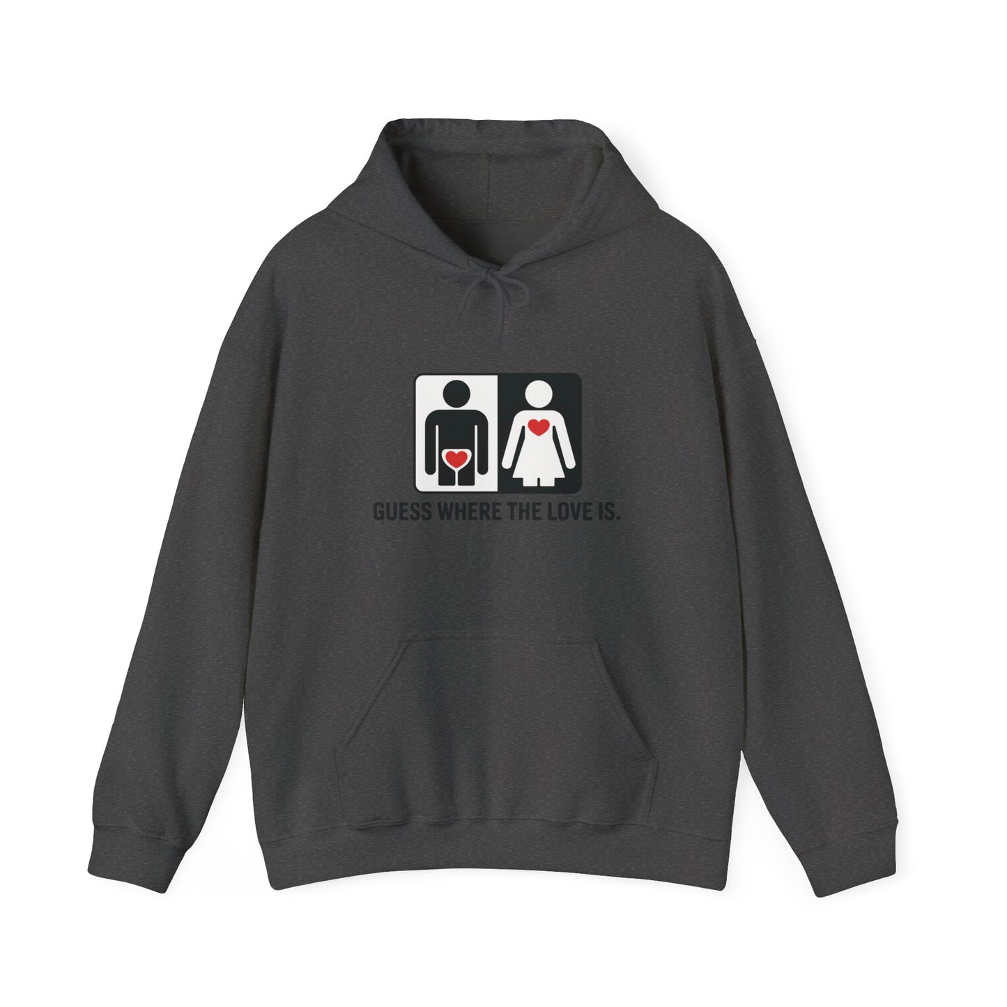 Cute Guess Where The Love Is Mens Hoodie, Sweatshirt for Couples, Valentines Day Gift, Relationship Humor Hoodie, Bold Love Joke Hoodie