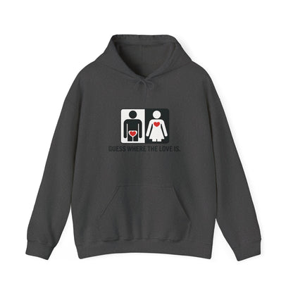 Cute Guess Where The Love Is Mens Hoodie, Sweatshirt for Couples, Valentines Day Gift, Relationship Humor Hoodie, Bold Love Joke Hoodie