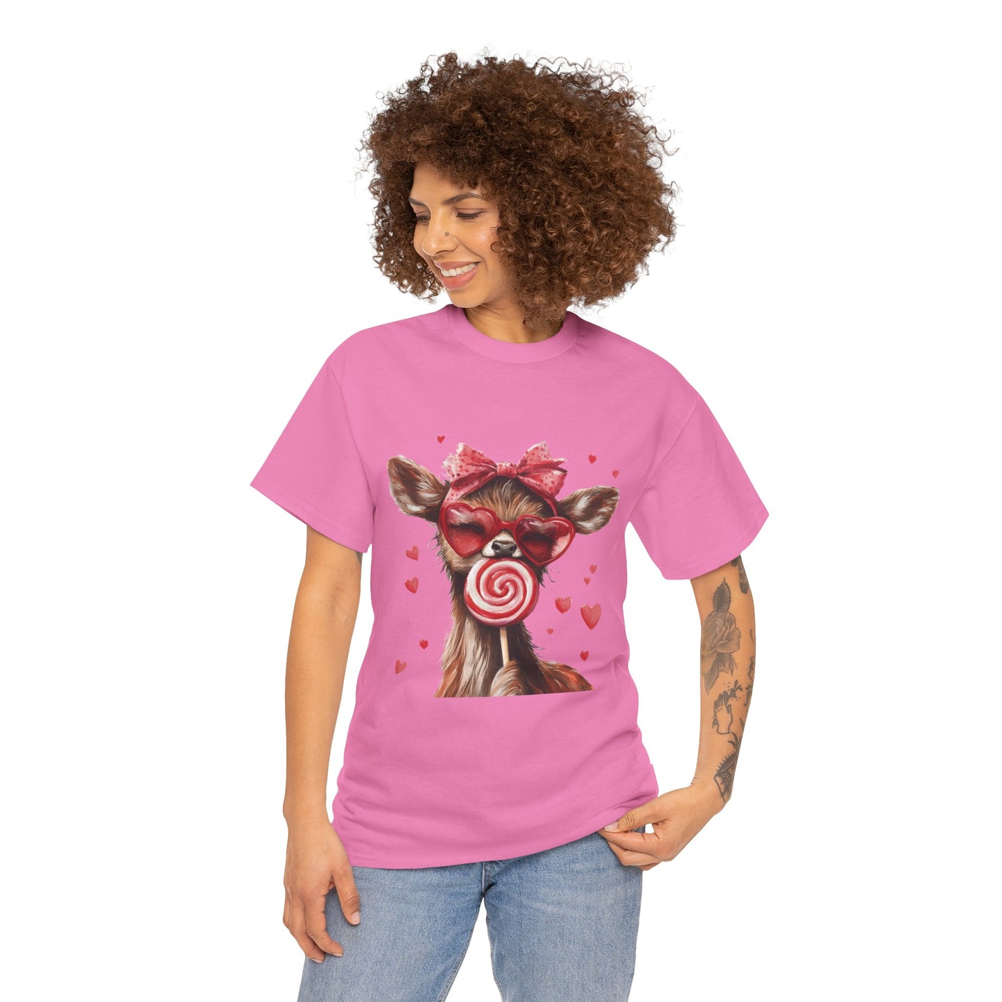 Cute Deer with Heart Glasses and Lollipop, Valentine's Day Heavy Cotton Tee, Fun Animal Love Shirt Gift for Her, Animal Lovers Shirt