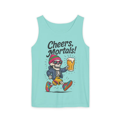 Cheers Mortals! Mens Tank Top, Funny Skeleton Beer Graphic Tee, Drinking Humor Shirt, Party Gift for Him, Halloween Tank,  Beer Lovers Gift
