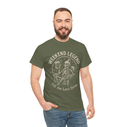 Weekend Legend Mens T-Shirt, Funny Skeleton Beer Tee, Till the Last Drop Party Shirt, Vintage Style Graphic Tee for Him, Halloween Apparel