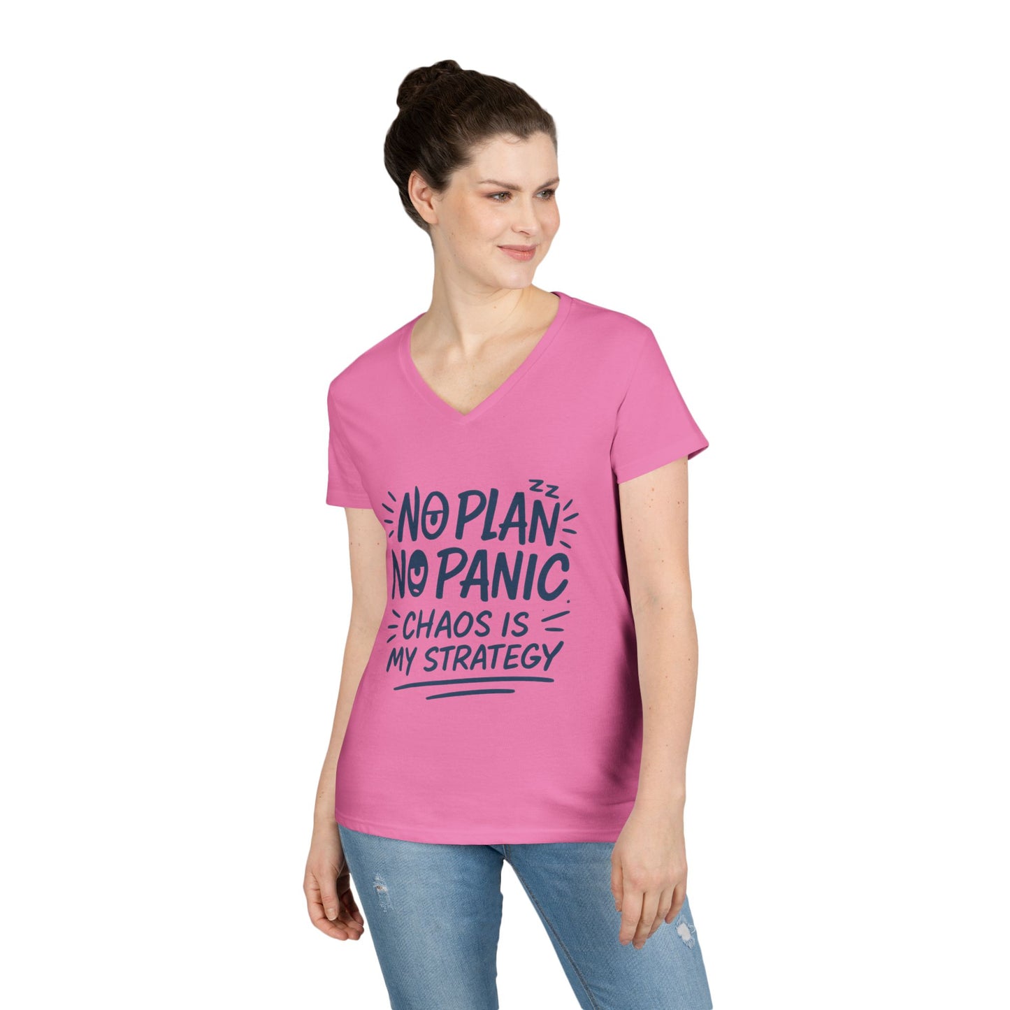 Ladies' V-Neck T-Shirt - "No Plan No Panic" Casual Tee, Everyday Wear, Gift for Friends, Relaxed Style, Funny Motivational Top