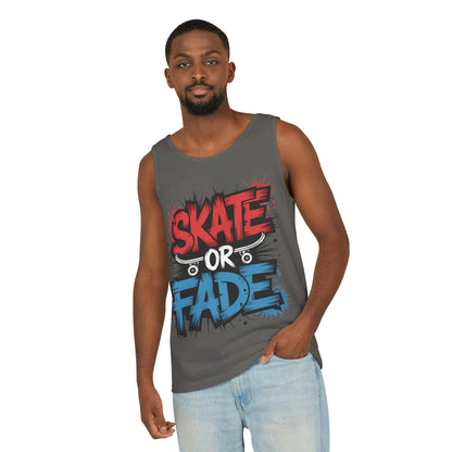 Skate Or Fade Men's Tank Top, Graffiti Skateboard Graphic Muscle Shirt, Urban Streetwear Sleeveless Top, Men's Garment-Dyed Tank Top