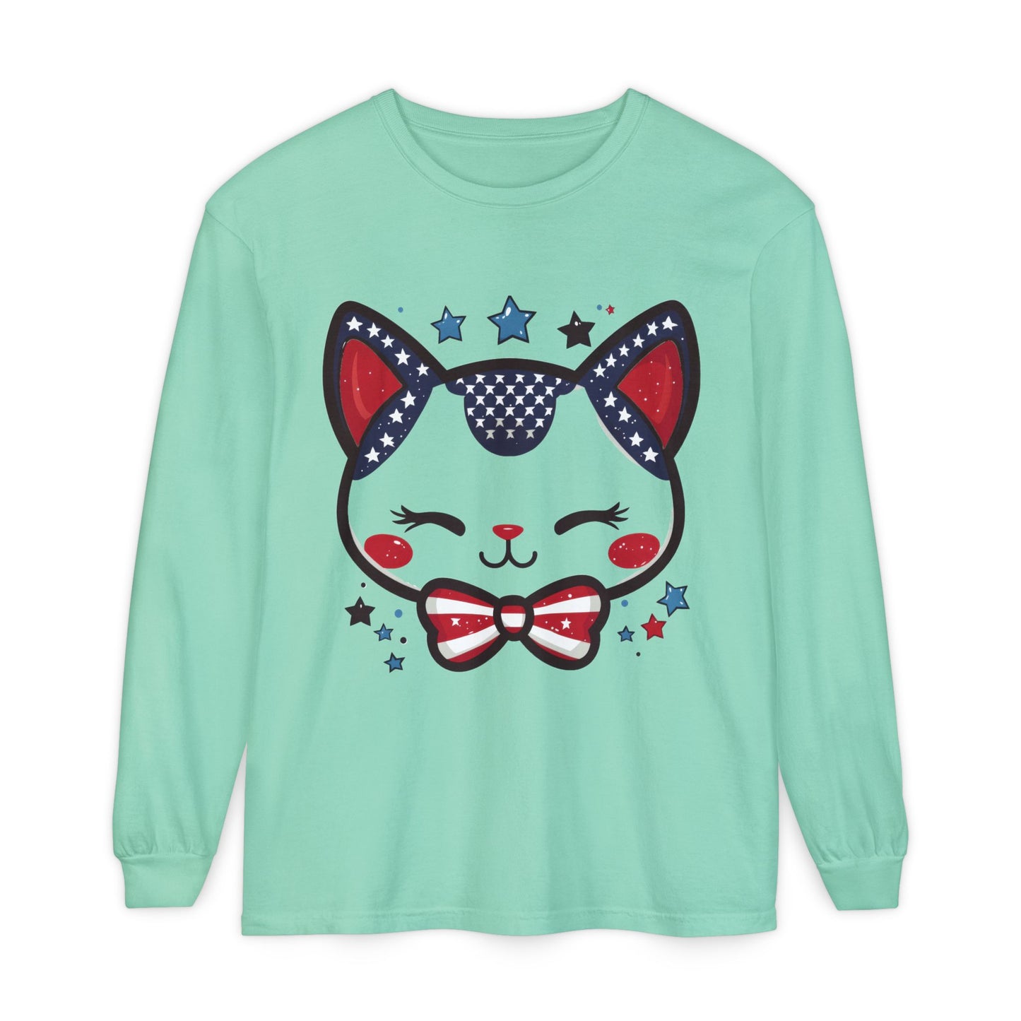 Cute Patriotic Cat Long Sleeve Women's T-Shirt, Fourth of July, Cat Lovers Gift, Casual Wear, Perfect for Holidays and Celebrations