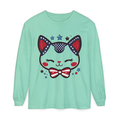 Cute Patriotic Cat Long Sleeve Women's T-Shirt, Fourth of July, Cat Lovers Gift, Casual Wear, Perfect for Holidays and Celebrations