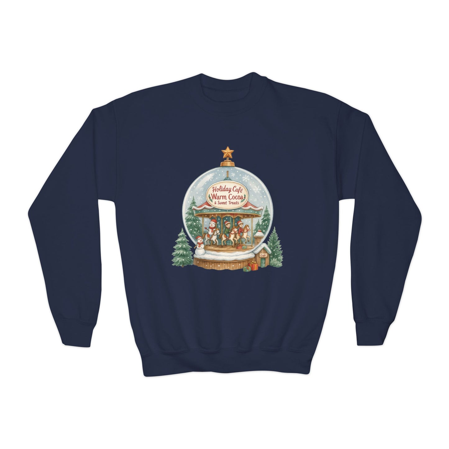Youth Holiday Café Christmas Sweatshirt, Warm Cocoa Snow Globe Jumper
