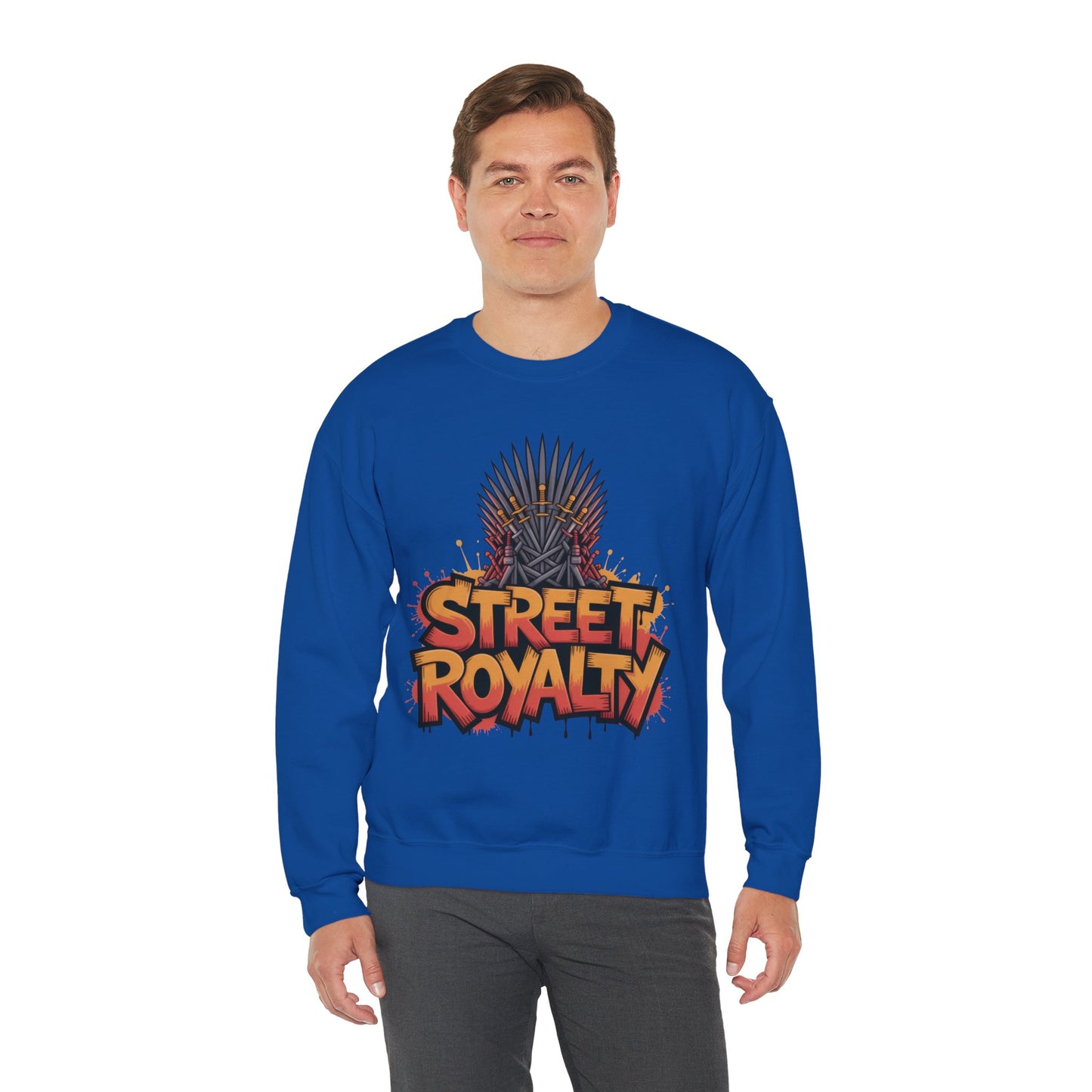 Street Royalty Men's Crewneck Sweatshirt, Graffiti Crown Graphic Pullover, Urban Streetwear Top for Men