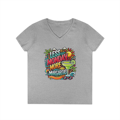 Less Monday More Margaritas Ladies' V-Neck T-Shirt, Funny Summer Cocktail Shirt, Tropical Vacation Tee for Women, Party Tee, Weekend Vibes