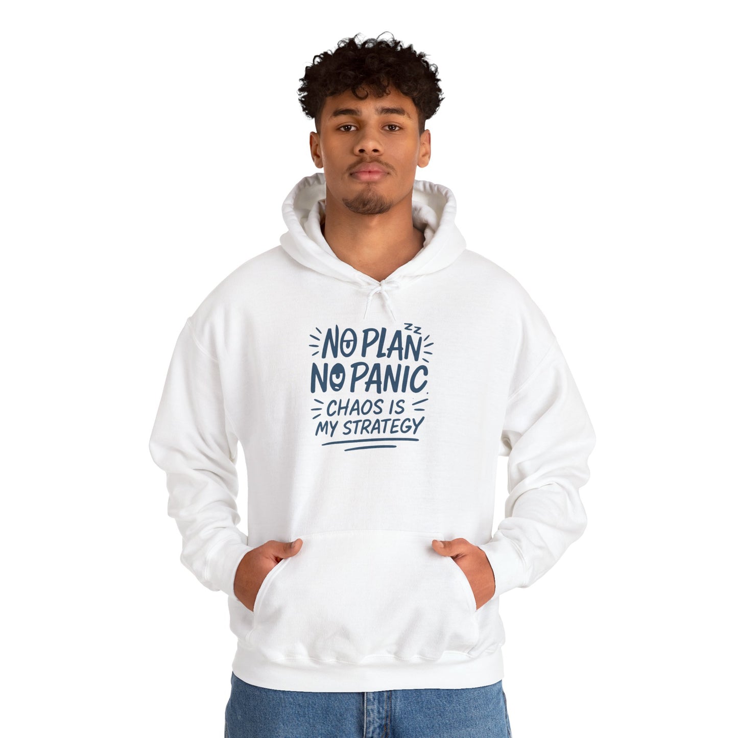 Funny Chaos Strategy Mens Hoodie, No Plan No Panic Quote Hoodie, Cozy Relaxed Fit Pullover, Humorous Gift for Him, Unisex Pullover