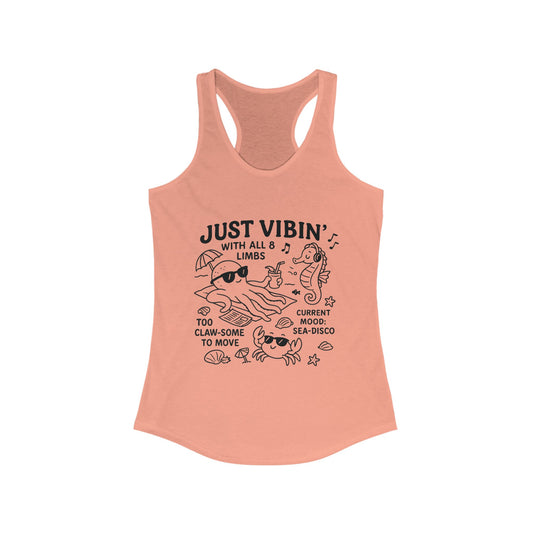 Just Vibin Womens Tank, Cute Octopus & Sea Animals Graphic Tee, Funny Sea Disco Summer Shirt, Beach Vibes Gift for Her, Ocean Theme