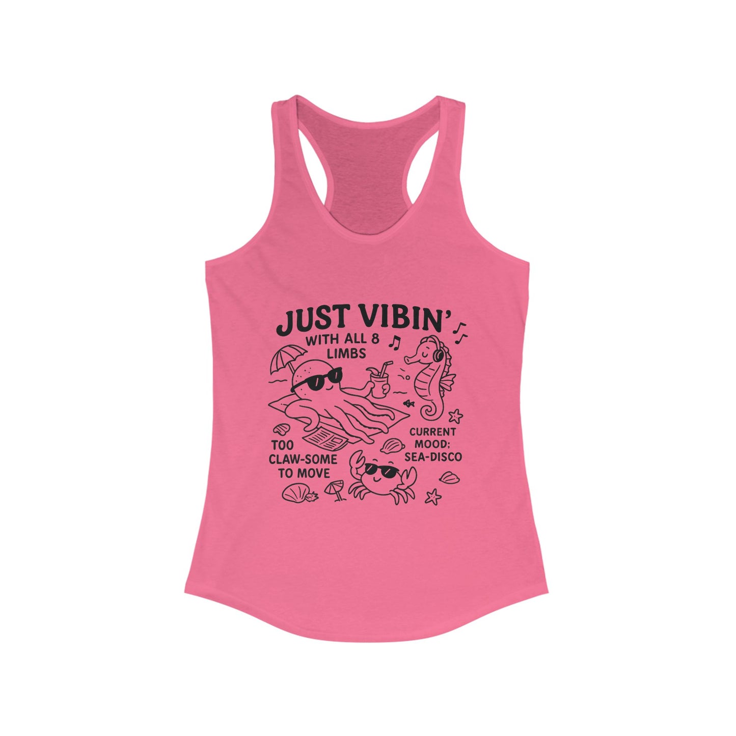Just Vibin Womens Tank, Cute Octopus & Sea Animals Graphic Tee, Funny Sea Disco Summer Shirt, Beach Vibes Gift for Her, Ocean Theme