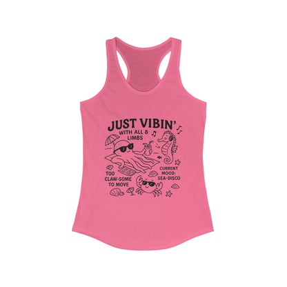 Just Vibin Womens Tank, Cute Octopus & Sea Animals Graphic Tee, Funny Sea Disco Summer Shirt, Beach Vibes Gift for Her, Ocean Theme