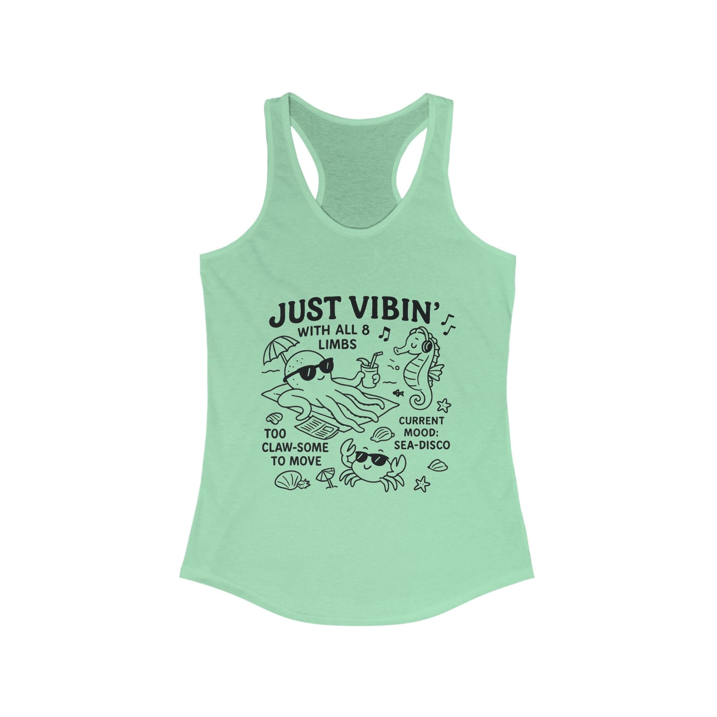 Just Vibin Womens Tank, Cute Octopus & Sea Animals Graphic Tee, Funny Sea Disco Summer Shirt, Beach Vibes Gift for Her, Ocean Theme