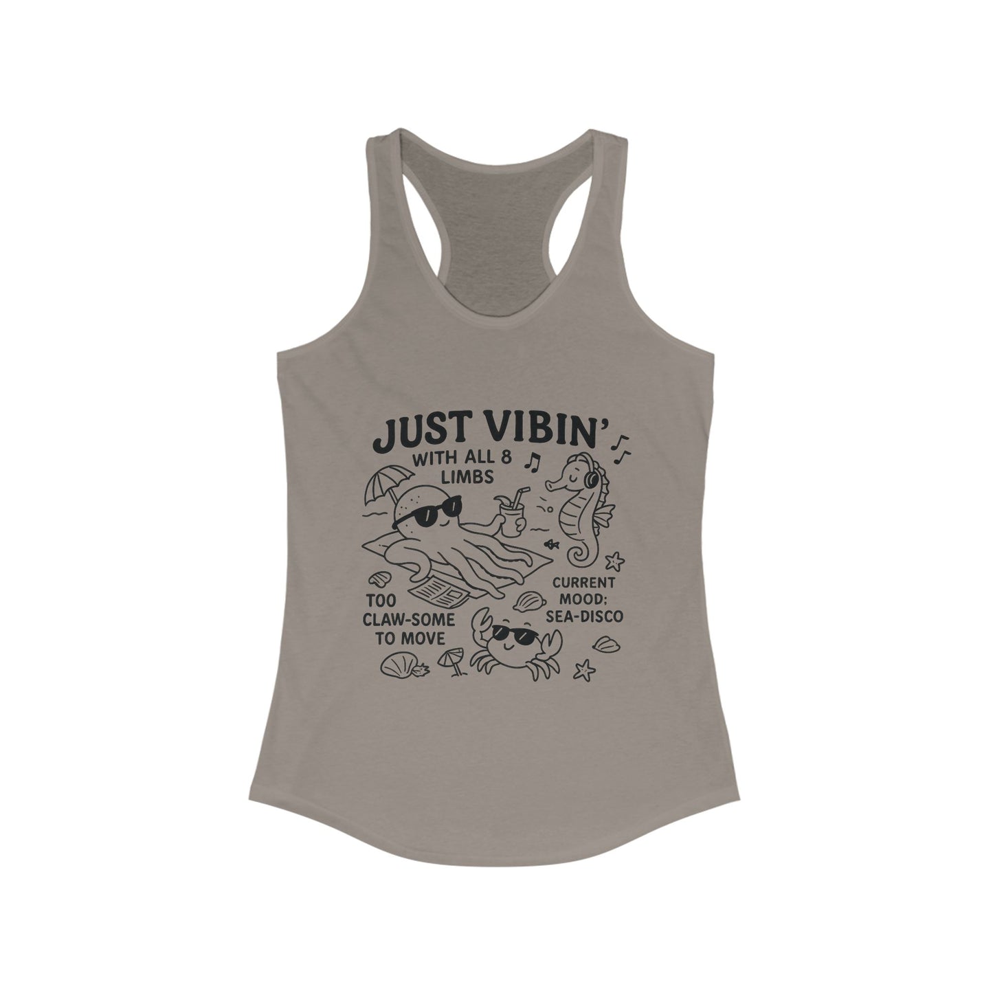 Just Vibin Womens Tank, Cute Octopus & Sea Animals Graphic Tee, Funny Sea Disco Summer Shirt, Beach Vibes Gift for Her, Ocean Theme