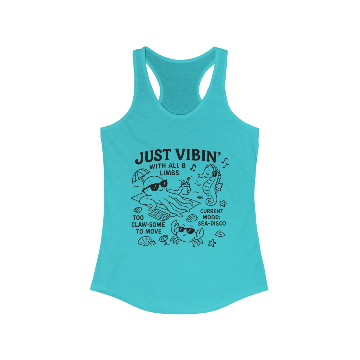 Just Vibin Womens Tank, Cute Octopus & Sea Animals Graphic Tee, Funny Sea Disco Summer Shirt, Beach Vibes Gift for Her, Ocean Theme