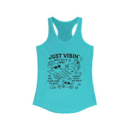 Just Vibin Womens Tank, Cute Octopus & Sea Animals Graphic Tee, Funny Sea Disco Summer Shirt, Beach Vibes Gift for Her, Ocean Theme