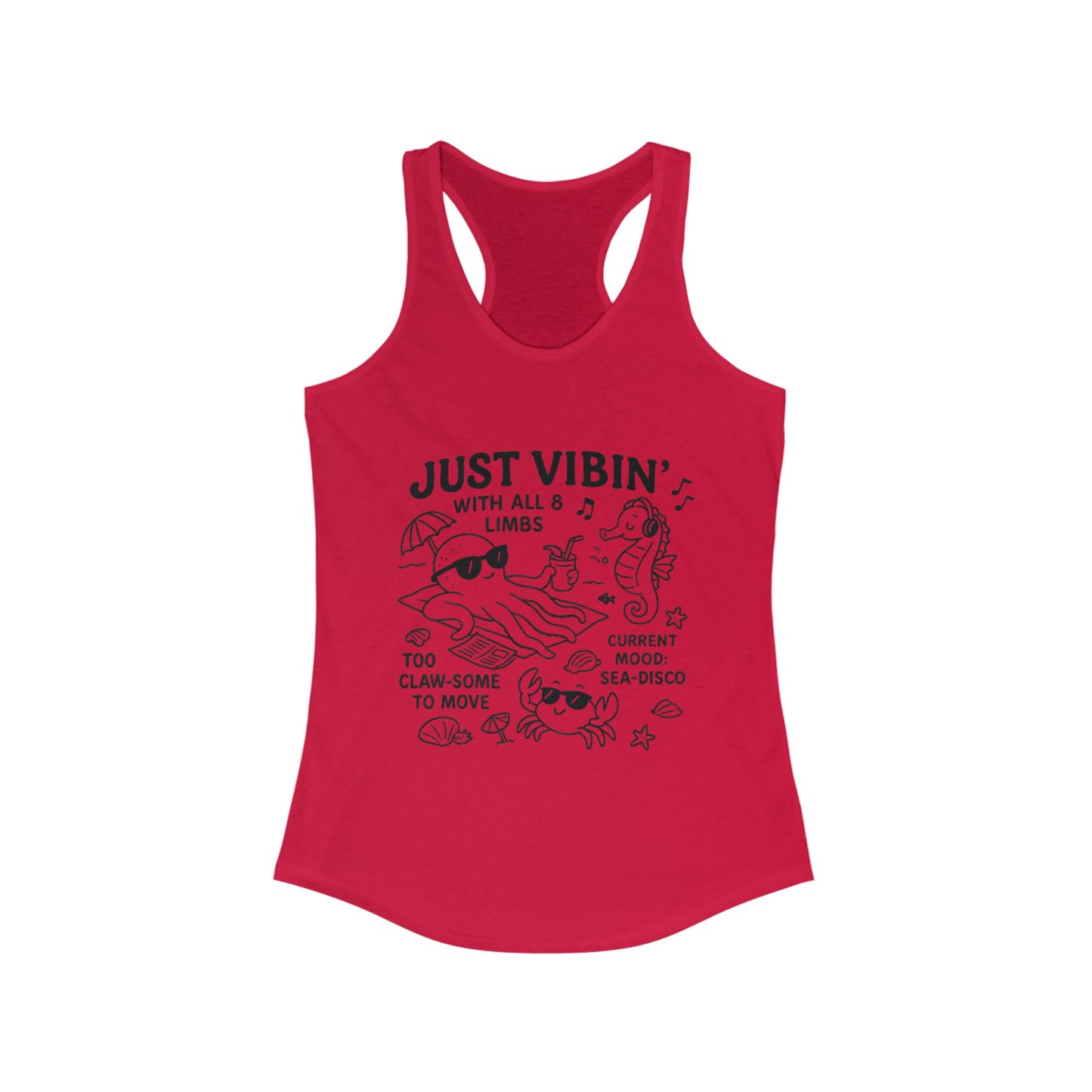 Just Vibin Womens Tank, Cute Octopus & Sea Animals Graphic Tee, Funny Sea Disco Summer Shirt, Beach Vibes Gift for Her, Ocean Theme