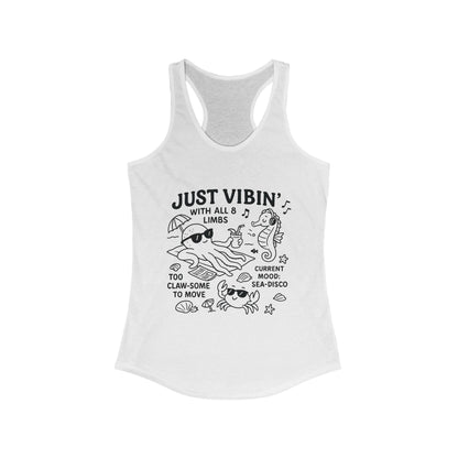Just Vibin Womens Tank, Cute Octopus & Sea Animals Graphic Tee, Funny Sea Disco Summer Shirt, Beach Vibes Gift for Her, Ocean Theme