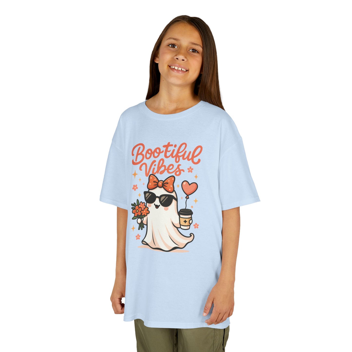 Girls Halloween Ghost T-Shirt, Cute Bootiful Vibes Tee for Kids, Fun Spooky Season Shirt, Tween Girl Outfit Gift, Kids Heavy Cotton™ Tee