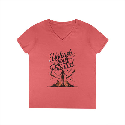 Empowering Ladies' V-Neck T-Shirt | Unleash Your Potential | Gift for Motivation, Birthday, Inspirational Wear, Positive Energy Top