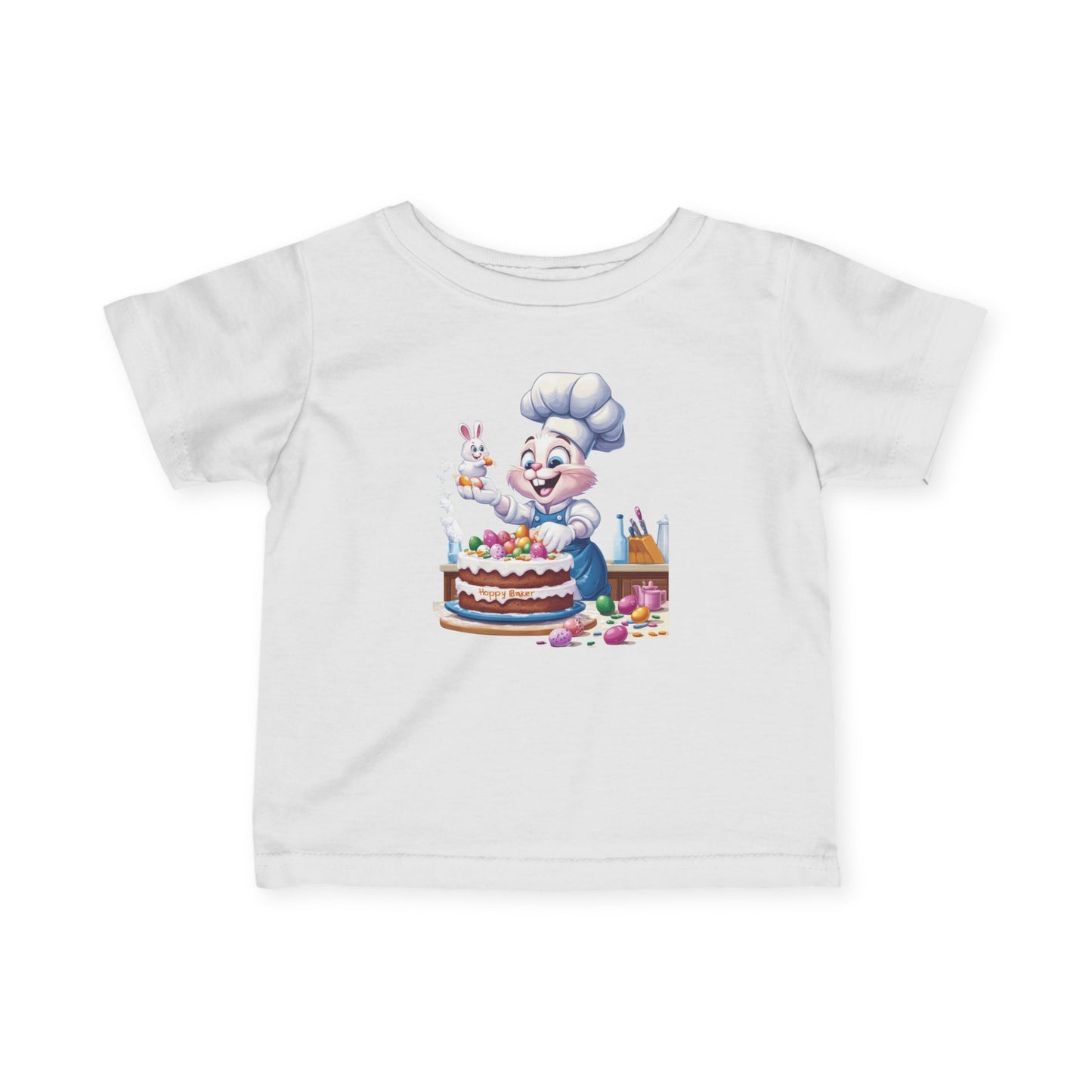 Hoppy Baker Easter Bunny Baby T-Shirt - Cute Infant Tee with Chef Bunny and Cake, Fun Spring Outfit for Babies, Easter Toddler Tee