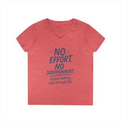Funny No Effort Womens V-Neck  T-Shirt, No Disappointment Lazy Life Quote Shirt, Cute Graphic Tee for Her, Life Philosophy Shirt