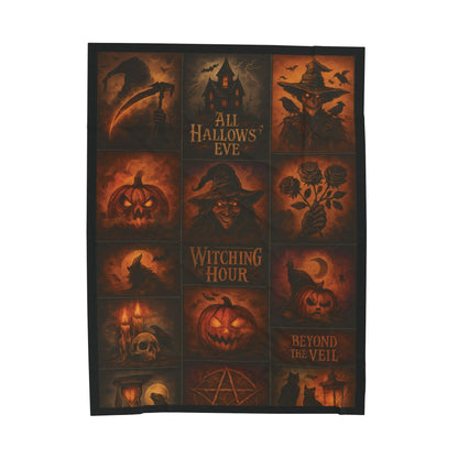 Gothic Halloween Velveteen Plush Blanket, Dark Fantasy Horror Throw, All Hallows Eve Witch Pumpkin Skull Blanket, Spooky Gothic Home Décor