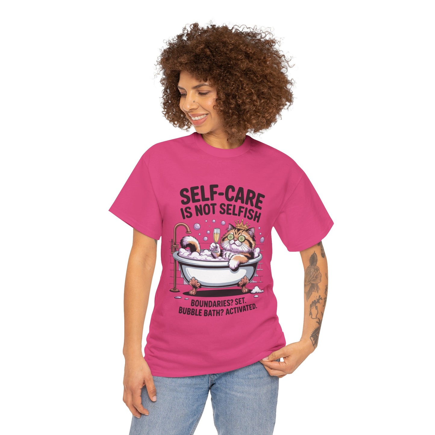 Womens Heavy Cotton Tee, Self-Care Cat Shirt, Funny Cat Bubble Bath Tee, Relaxing Kitty Graphic, Self Care Is Not Selfish Womens T-Shirt