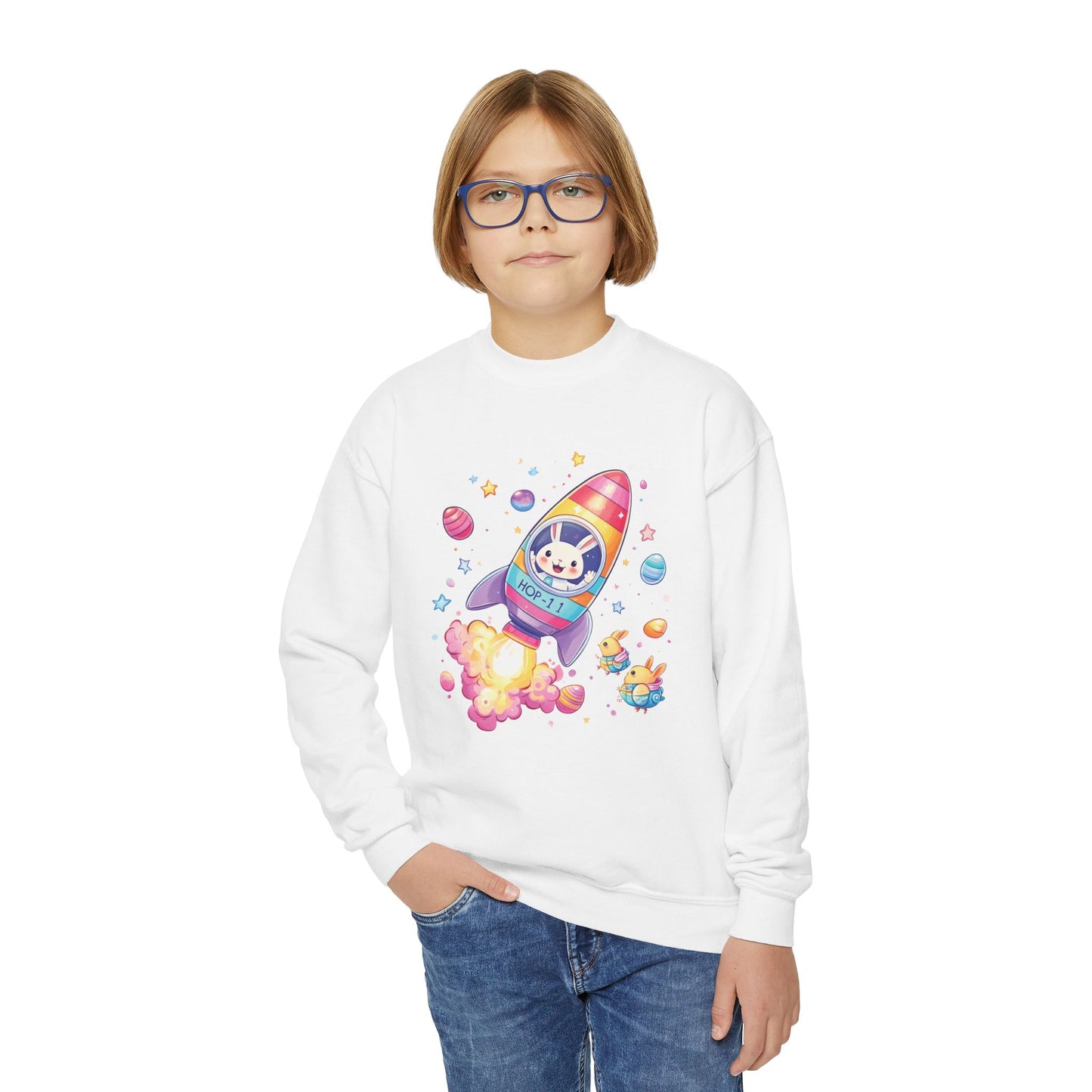 Astronaut Easter Bunny Youth Sweatshirt - Cute Rocket Bunny Design, Space Adventure Spring Shirt, Fun Holiday Gift for Kids