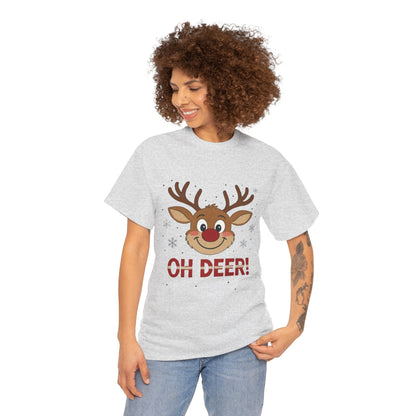 Women's Oh Deer Christmas T-Shirt, Cute Reindeer Holiday Graphic Tee, Women's Heavy Cotton Tee