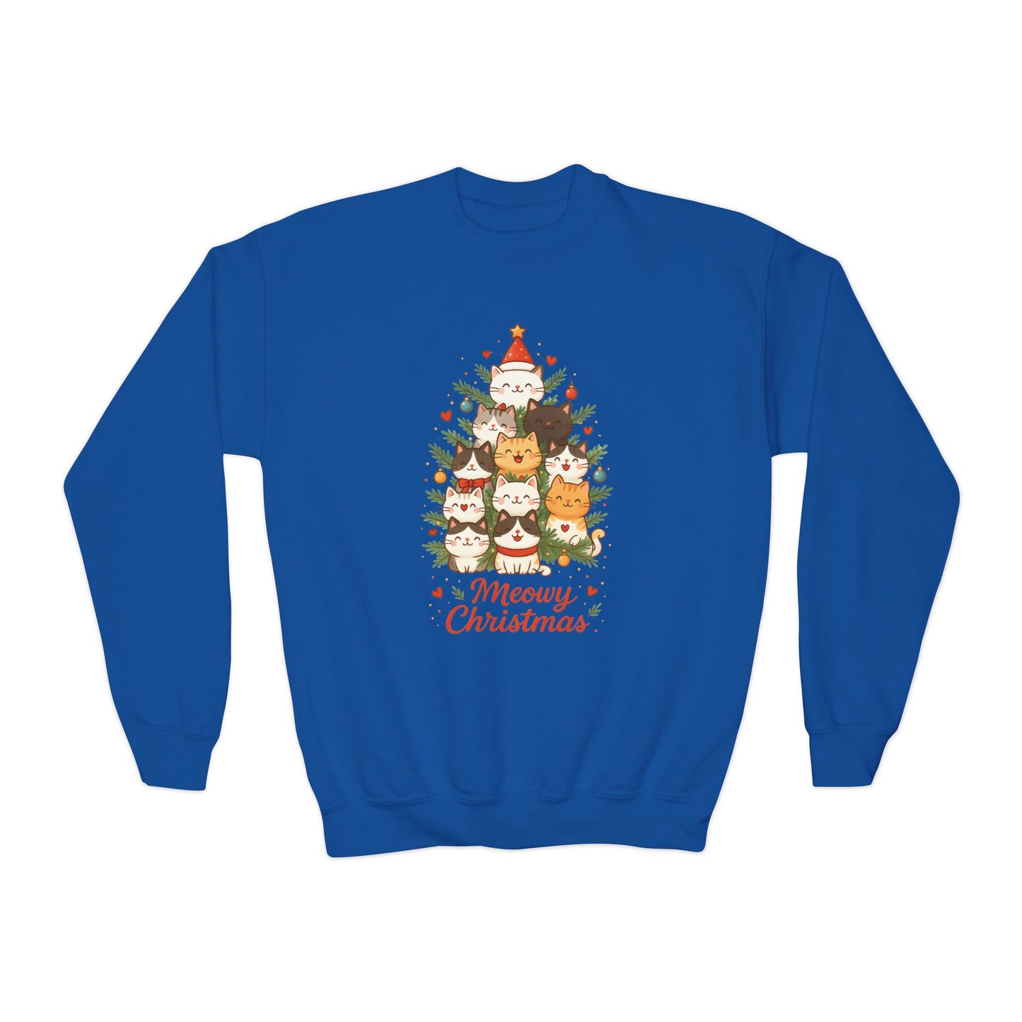 Youth Meowy Christmas Cat Sweatshirt, Cute Holiday Kitty Jumper