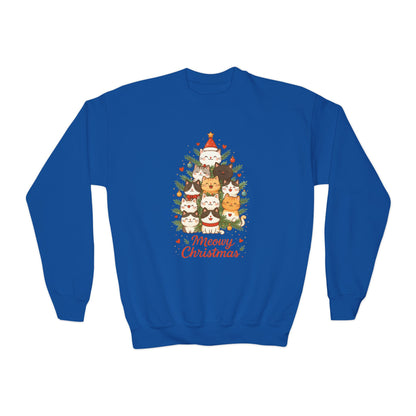 Youth Meowy Christmas Cat Sweatshirt, Cute Holiday Kitty Jumper