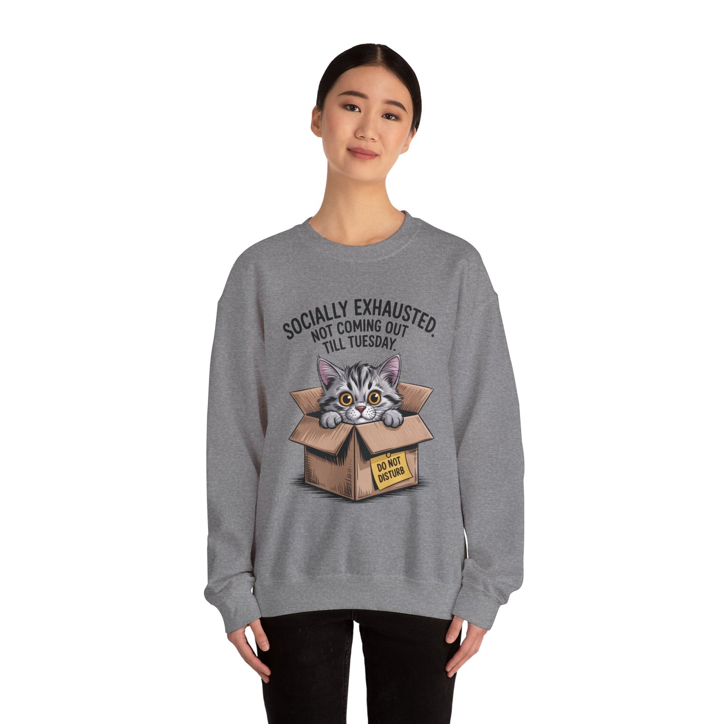 Socially Exhausted Cat Sweatshirt, Funny Cat Crewneck, Gift for Cat Lovers, Cozy Unisex Pullover, Weekend Comfort Apparel