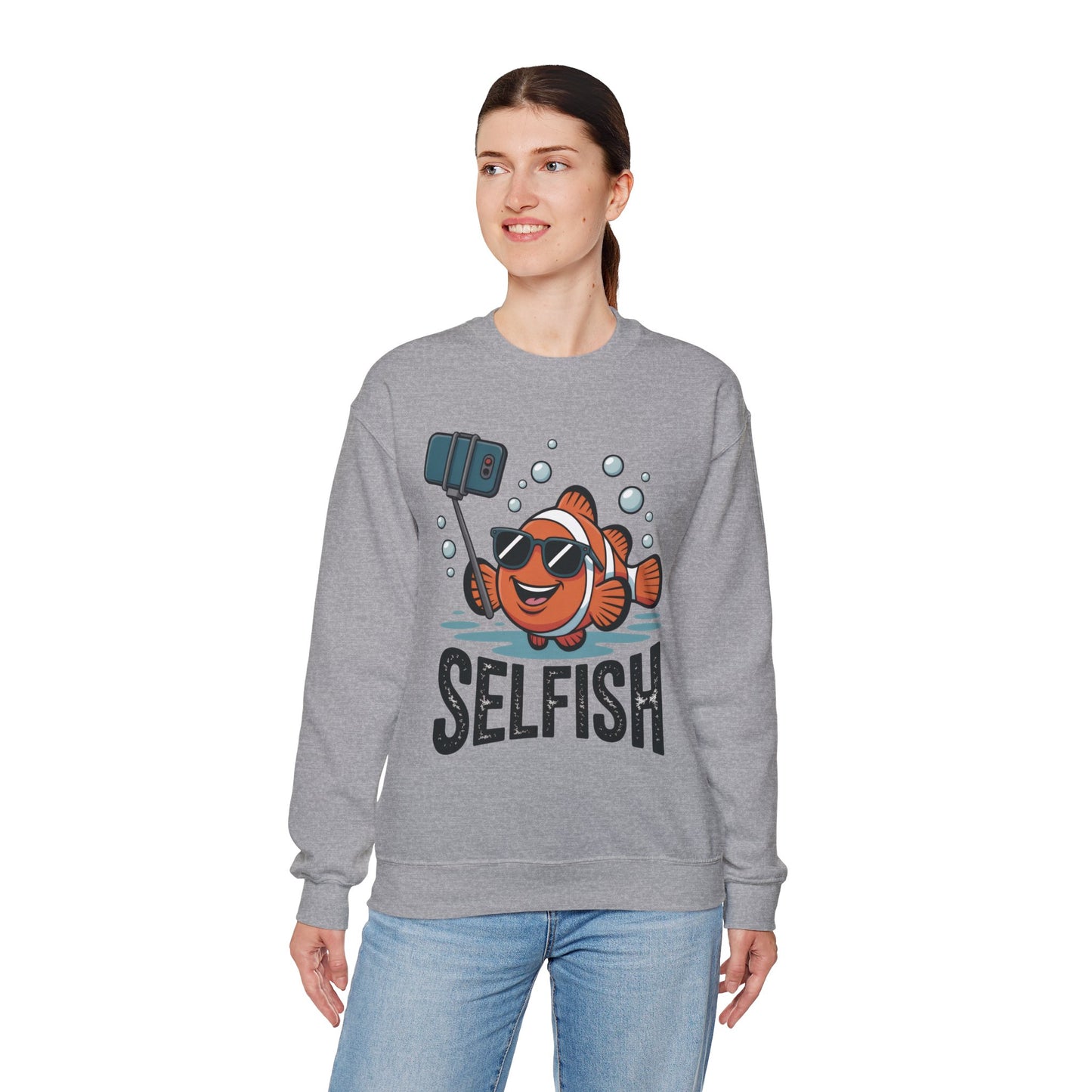 Unisex Heavy Blend™ Crewneck Sweatshirt, Mens Selfish Funny Fish Sweatshirt, Cute Selfie Pullover, Ocean Humor Top