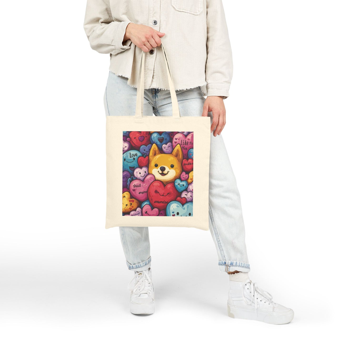 Cute Shiba Inu Heart Tote Bag, Kawaii Dog Meme Canvas Bag, Colorful Cartoon Love Shopper Gift for Dog Lovers & Valentine's Day