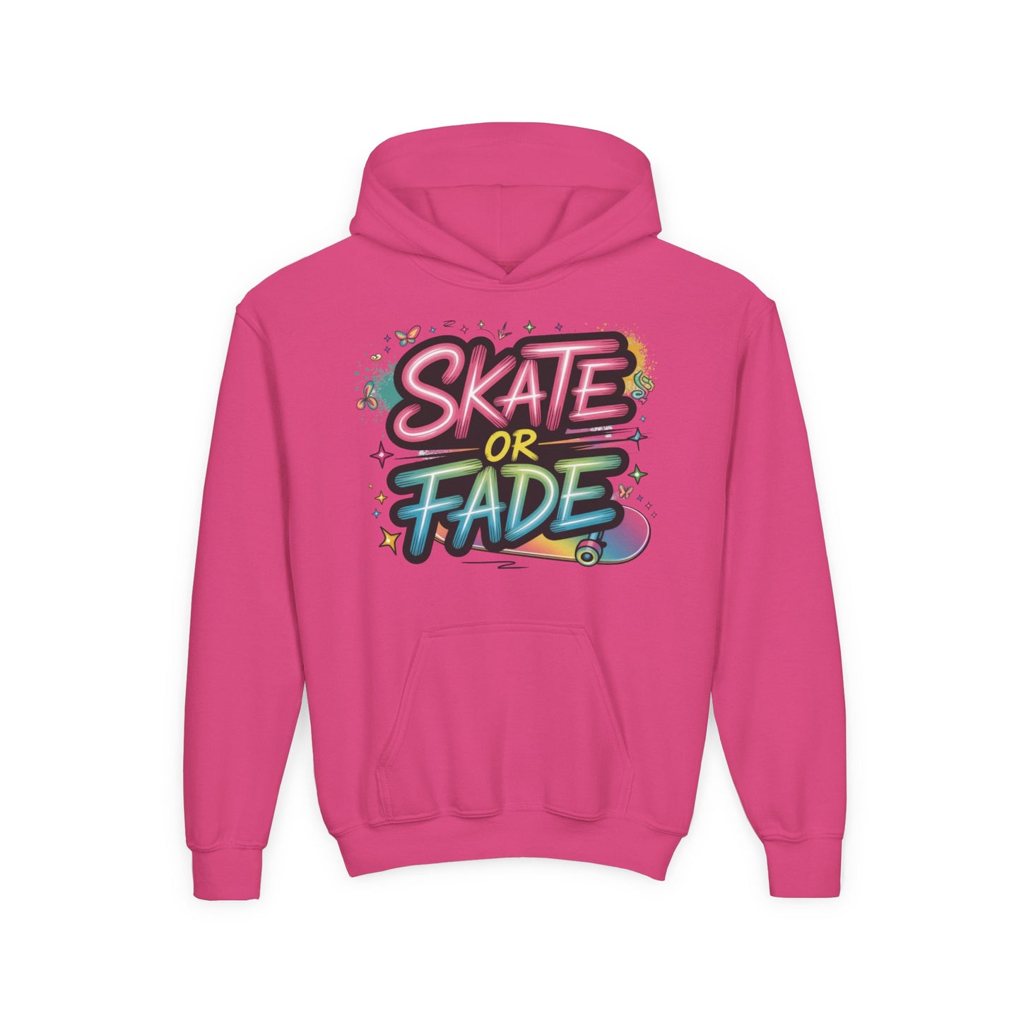 Youth Heavy Blend Hooded Sweatshirt, Skate Or Fade Girls Shirt, Colorful Graffiti Skateboarding Hoodie