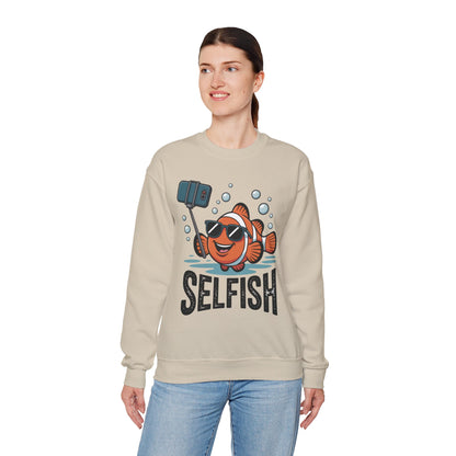 Unisex Heavy Blend™ Crewneck Sweatshirt, Mens Selfish Funny Fish Sweatshirt, Cute Selfie Pullover, Ocean Humor Top