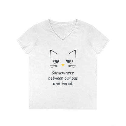 Funny Cat V-Neck T-Shirt - Somewhere Between Curious and Bored, Gift for Cat Lovers, Casual Wear, Birthday Tee, Cute Animal Shirt