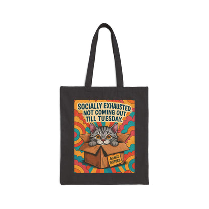 Socially Exhausted Cat Tote Bag, Funny Retro Cat in Box Canvas Bag, Do Not Disturb Comic Bag, Gift for Cat Lovers, Weekend Vibes