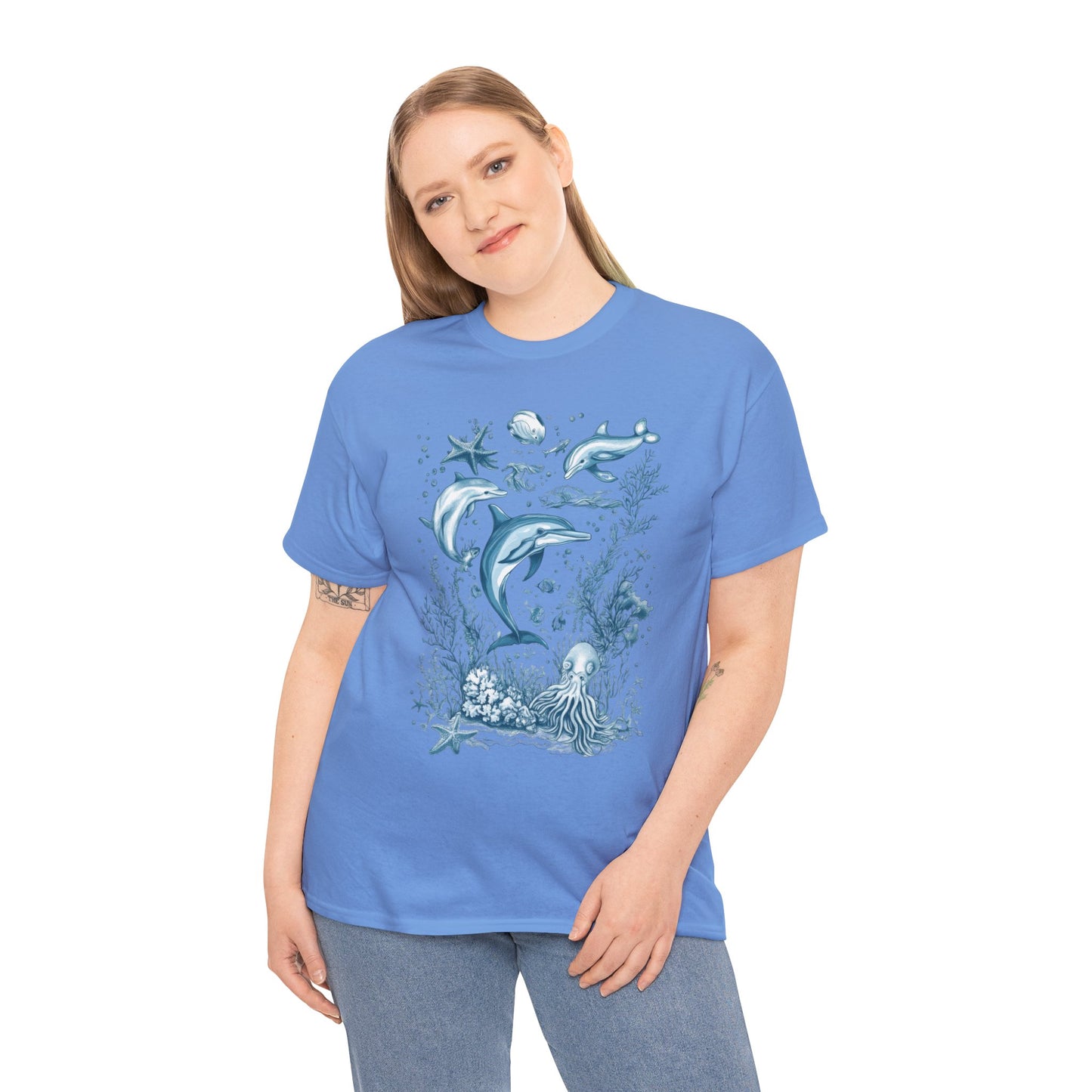 Ocean Life Dolphin T-Shirt, Women's Cotton Tee with Underwater Sea Creatures, Marine Nature Gift Shirt, Perfect for Beach Lovers