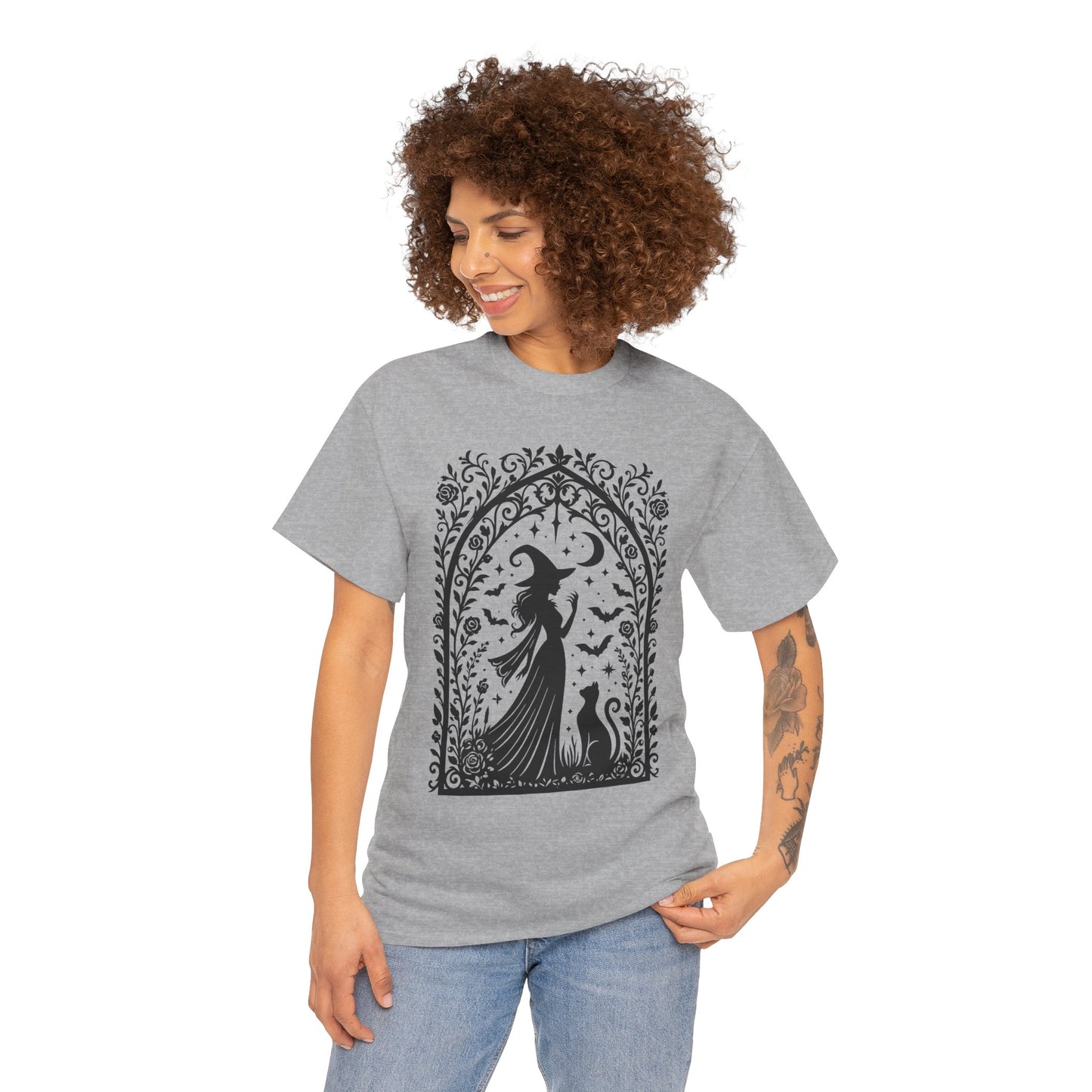 Gothic Witch & Cat Women's T-Shirt, Elegant Halloween Moon Silhouette Witchy Graphic Tee