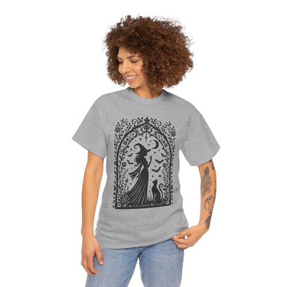 Gothic Witch & Cat Women's T-Shirt, Elegant Halloween Moon Silhouette Witchy Graphic Tee
